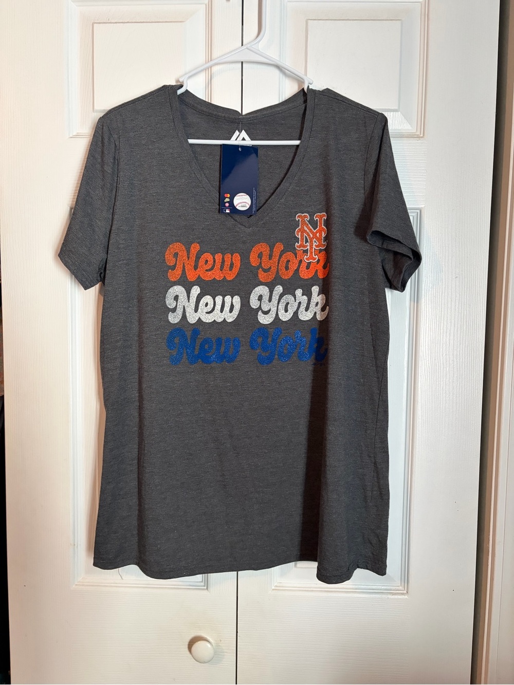 Majestic Gray V-Neck Tee with Orange, White & Blue Script